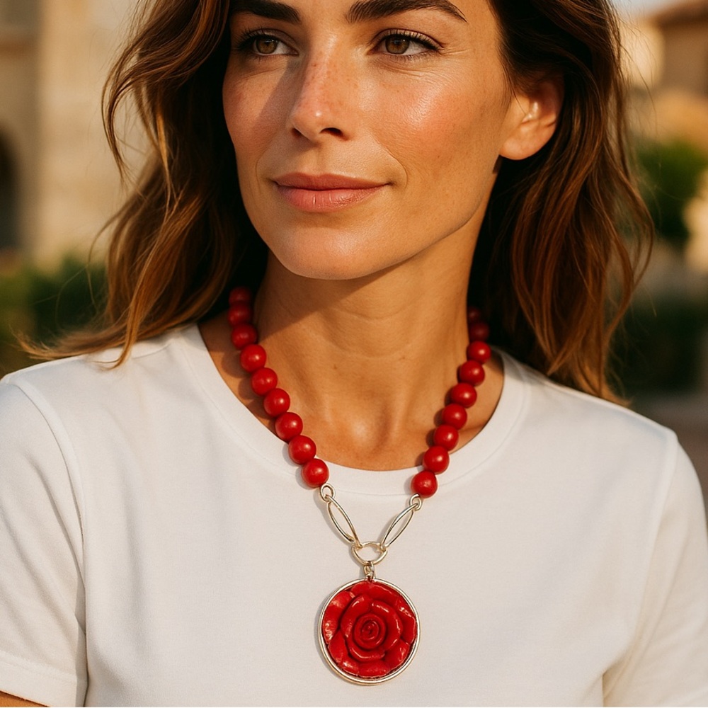 Elegant Red Rose Pendant Necklace with Recycled Glass Beads Silver